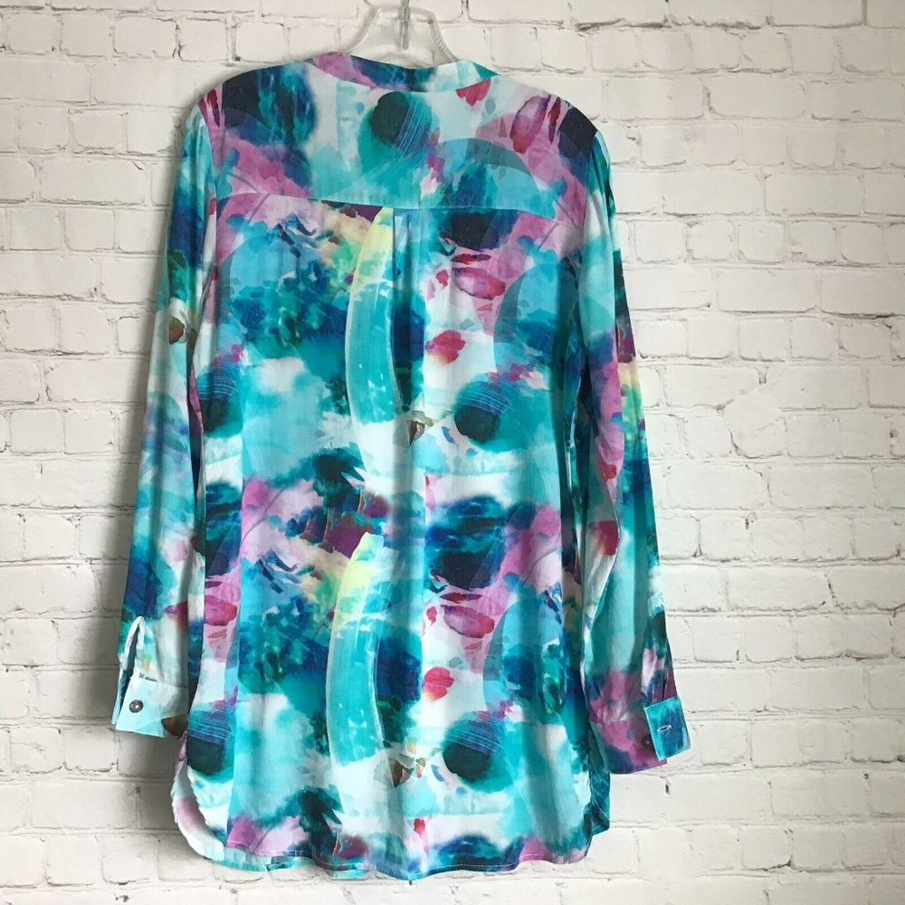 Soft Surroundings Ursa Tunic M Medium Colorful Rayon Blouse Pleat Details V Neck - Picture 3 of 5